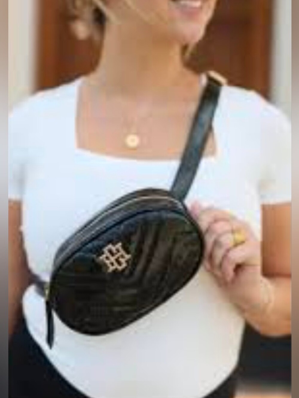 Macey  Black Quilted Oval Crossbody Belt Bag